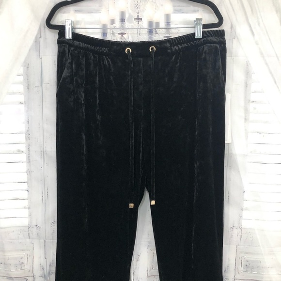 Calvin Klein Size 14 Black Crushed Velvet Wide Leg Trouser Pants Drawstring - Picture 2 of 11